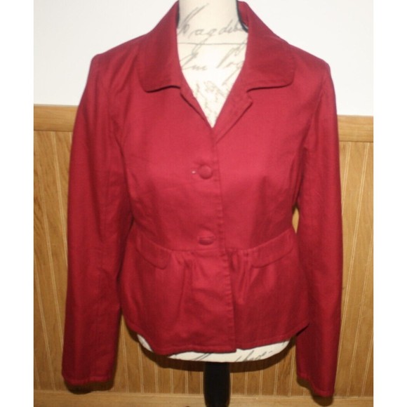 Merona Two Button Maroon Suit Jacket Split Sleeve Flair Bottom Sz M Faux Pockets - Picture 1 of 11